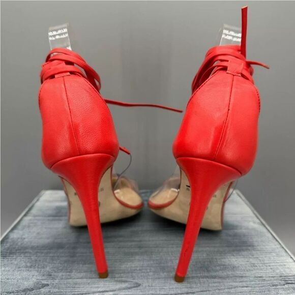 New Brother Vellies De Fleur Ankle Tie Pointed Toe Pumps Red Orange high heels 8 - Picture 5 of 8